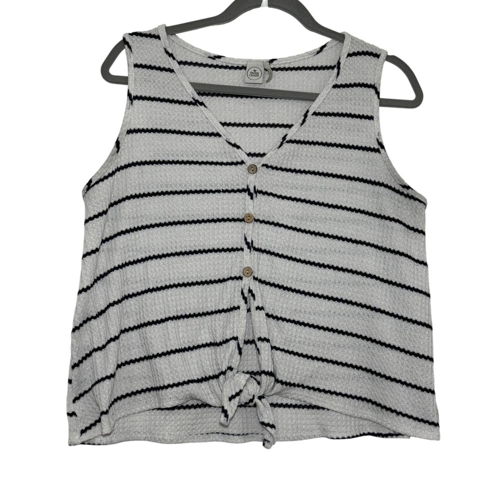 Paper Crane Womens Large White Black Striped Tie Front Button Knit Tank Top